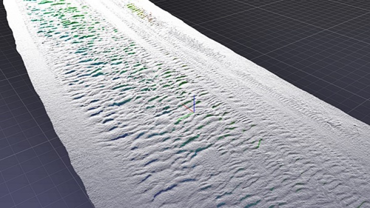 3D-Höhenmodell des Flussbettes mit eingefärbten Dünenhängen